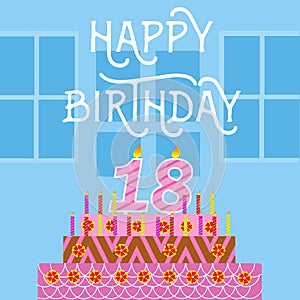 Happy Birthday 18 th old Pink Cake postcard - hand lettering - handmade calligraphy