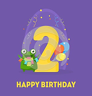 Happy Birthday 2 Years Banner Template, Birthday Anniversary Number Bright Festive Vector Illustration with Cute Animal