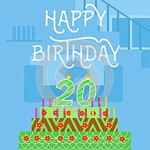 Happy Birthday 20 th old Green Cake postcard - hand lettering - handmade calligraphy