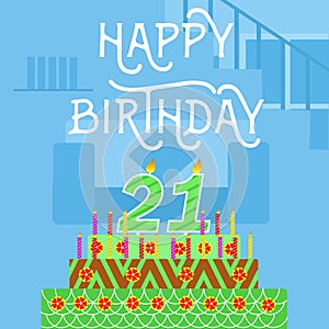 Happy Birthday 21 th old green Cake postcard - hand lettering - handmade calligraphy