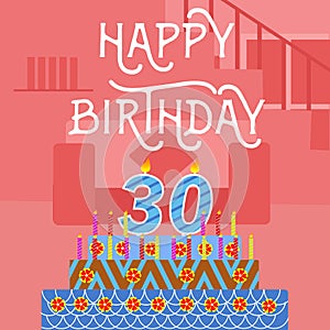 Happy Birthday 30 th old Pink Cake postcard - hand lettering - handmade calligraphy