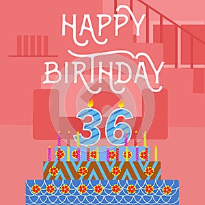 Happy Birthday 36 th old Pink Cake postcard - hand lettering - handmade calligraphy
