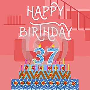 Happy Birthday 37 th old Pink Cake postcard - hand lettering - handmade calligraphy