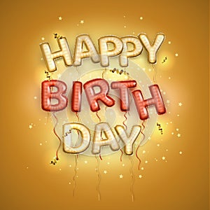 Happy Birthday 3D text. Greeting card. Gold and red letter balloon. Vector illustration