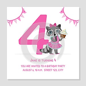 Happy Birthday 4 Years Banner Template, Birthday Anniversary Number with Cute Raccoon Girl Animal, Bright Festive Vector