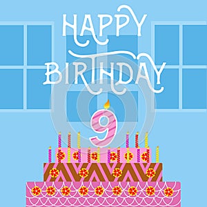 Happy Birthday 9 th old Pink Cake postcard - hand lettering - handmade calligraphy