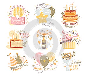 Happy birthday and anniversary composition and stickers with greeting text and lettering set