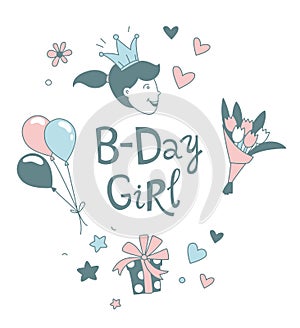 Happy Birthday B-day Girl with crown lettering greeting card clipart