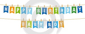 Happy birthday baby boy party flags banner isolated on white background