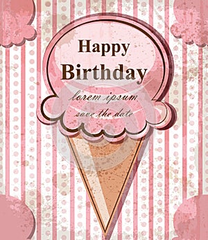Happy birthday baby card with ice cream. Vector delicate pink vintage theme. pastel colors