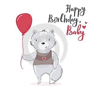 Happy birthday, baby cartoon card design. Cute grey cat character with red balloon vector illustration.
