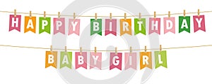 Happy birthday baby girl party flags banner isolated on white background
