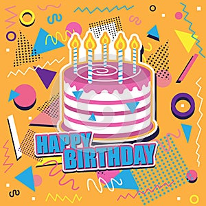 Happy birthday background with cake and abstract design