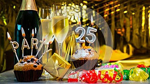 Happy birthday background with champagne glasses with number cake 25. Beautiful birthday card with decorations copy space