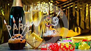 Happy birthday background with champagne glasses with number cake 89. Beautiful birthday card with decorations copy space