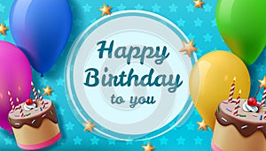 Happy birthday background. Greeting card. 3D holiday cake with candles. Festive congratulation. Balloons and stars. Fun
