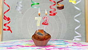 Happy birthday background with muffin with beautiful decorations with number candles 72. Colorful festive card happy birthday