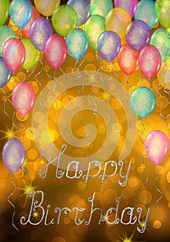 Happy Birthday background. Watercolor hand drawn template for greeting cards with balloons and lettering