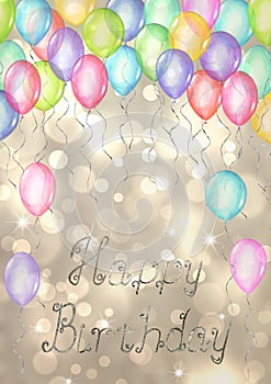 Happy Birthday background. Watercolor hand drawn template for greeting cards with balloons and lettering