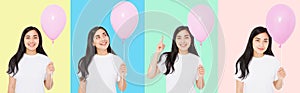 Happy birthday. Balloon party collage. Happy asian girl with balloons isolated on white colorful background. Copy space. Blank