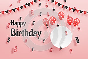 Happy birthday with balloons lifting your photos, birthday flag and ribbons with red and black color on the pink wall background.