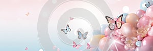 happy birthday banner background with butterflies and colored balloons