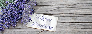 Happy Birthday Banner background panorama - Close up of bouguet of violet purple lavendula lavender flowers herbs with wooden