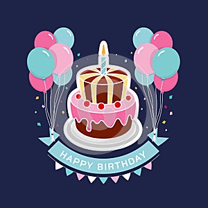 Happy birthday banner - cake with burning candles and balloon on dark blue background vector design