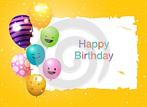 Happy Birthday banner card frame template with colorful balloons and copy space