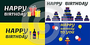 Happy birthday banner set. Vector illustration with text  cakes  balls  gifts  on a solid background.