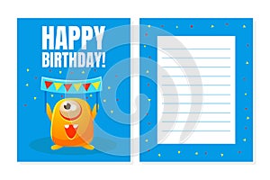 Happy Birthday Banner Template with Cute Funny Monster Character, Monster Party Invitation Card Vector Illustration