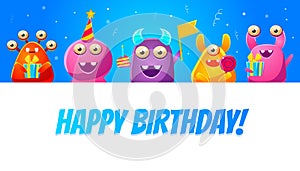 Happy Birthday Banner Template with Cute Funny Monsters Characters, Monster Party Poster, Flyer, Invitation Card Vector