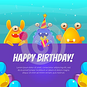 Happy Birthday Banner Template with Cute Funny Monsters and Space for Text, Monster Party Poster, Flyer, Invitation Card