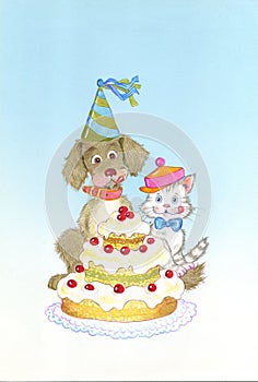 Happy Birthday. Big cake for two cute friends. Doggy and Kitty. Watercolor illustration.
