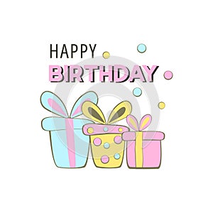 Happy Birthday- birthday badge. Greeting lettering with gift box. Birthday greeting card decoration design, vector illustration.