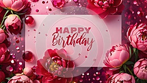 Happy Birthday! Birthday greeting card with text and peony flowers.