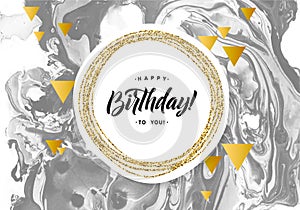 Happy Birthday Black Marble Texture Card. Shimmer Golden Banner Template on White Background. Vector Illustration Gold