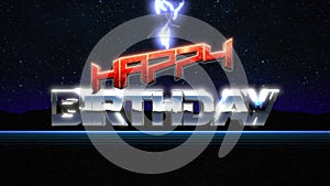 Happy Birthday with blue neon grid and thunderbolts