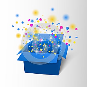 Happy Birthday Box with Confetti Surprise. Vector blue box explosion.