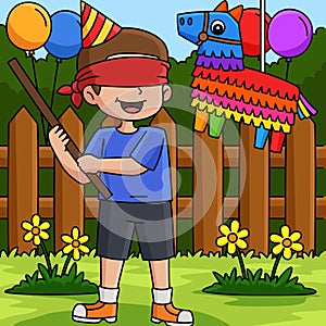 Happy Birthday Boy with Pinata Colored Cartoon