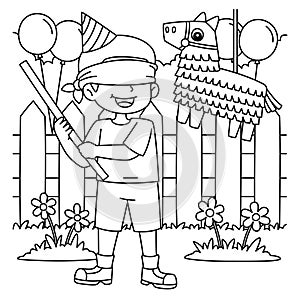 Happy Birthday Boy with Pinata Coloring Page
