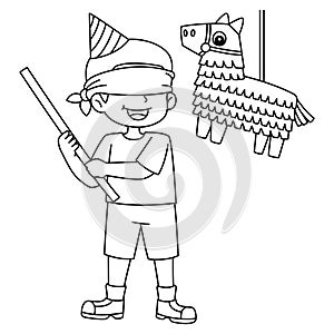 Happy Birthday Boy with Pinata Isolated Coloring