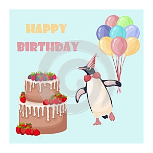 Happy Birthday. A bright birthday greeting card with a picture of a large cake with candles and a cute penguin with