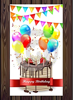 Happy Birthday cake with balloons and confetti Vector. Invitation card 3d detailed illustrations