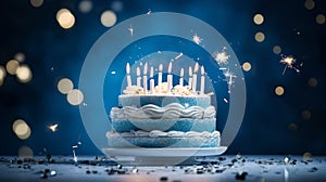 happy birthday cake on blue background with ornament