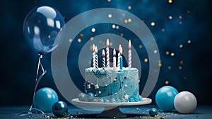 happy birthday cake on blue background with ornament