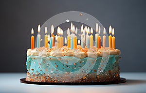 happy birthday cake with blue candlelit candles