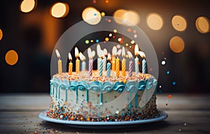 happy birthday cake with blue candlelit candles