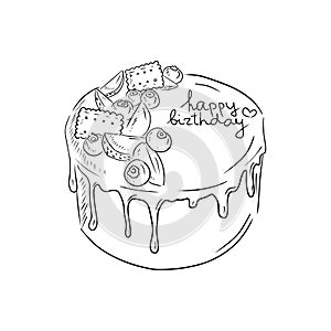 Happy birthday cake with blueberry, cookies, strawberry, and chocolate glaze in black. Hand drawn vector sketch illustration in