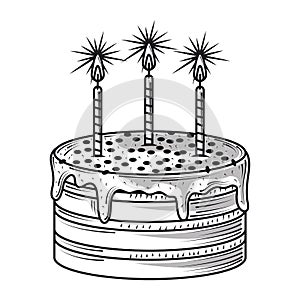 Happy birthday cake with burning candles celebration party, engraving style